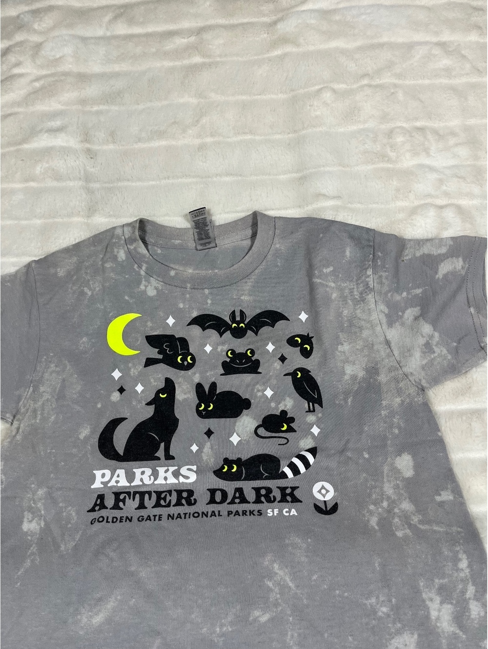 Golden Gate National Park After Dark Bleach Dye Grey Black Critter Kids M Tee